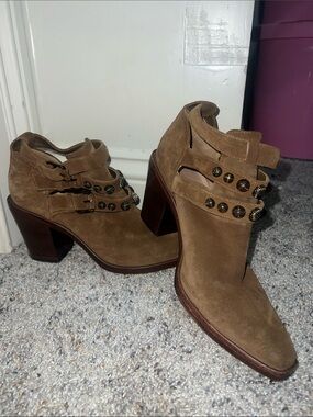 Women’s Brown Suede Strappy Block Heel Ankle Boots
